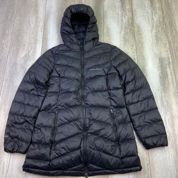 Eddie Bauer Jacket Womens M Black EB650 Chevron Hooded Down Parka Full ZIp * - Picture 1 of 10